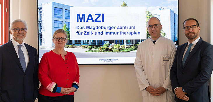 v.l.: Prof. Dr. med. Hans-Jochen Heinze, Ärztlicher Direktor am Universitätsklinikum Magdeburg A.ö.R, Prof. Dr. rer. nat. Daniela C. Dieterich, Dekanin der Medizinischen Fakultät Magdeburg, Prof. Dr. med. Dimitrios Mougiakakos, Direktor der Universitätsklinik für Hämatologie, Onkologie und Zelltherapie sowie Sprecher des neuen Zentrums und Marco Bohn, Kaufmännischer Direktor am Universitätsklinikum Magdeburg A.ö.R.